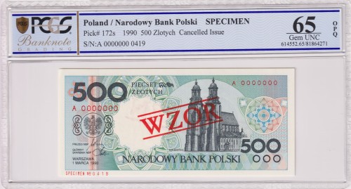 Polska 500 Złotych P-172s 1990 PCG 65 A.jpg