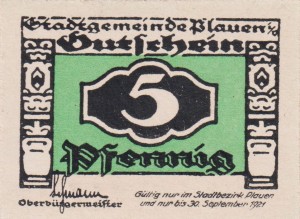 Plauen 5 Pf G-P26.6 30.9.1921 UNC