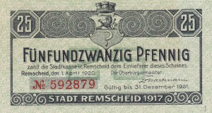 Remscheid 25 Pf G-R25.5a 1.4.1920-31.12.1921 aUNC 