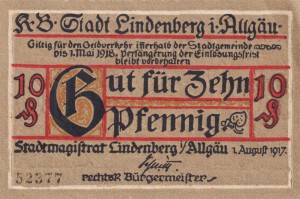 Lindenberg i. Allgau 10 Pf G-L47.1 1.8.1917-1.5.1918 UNC 