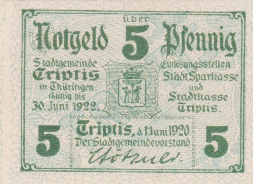 Triptis 5 Pf G-T28.2a 1.6.1920-30.6.1922 UNC A.jpg