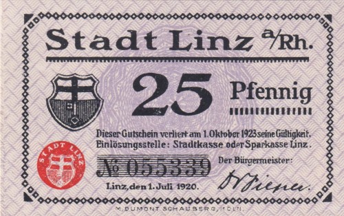 Linz a. Rhein 25 Pf G-L50.14 1.7.1920-1.10.1923 UNC A.jpg