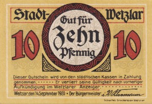 Wetzlar 10 Pf G-W36 14.9.1920  aUNC