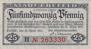 Crefeld 25 Pf G-C29.6a 22.4.1920-31.3.1922 aUNC