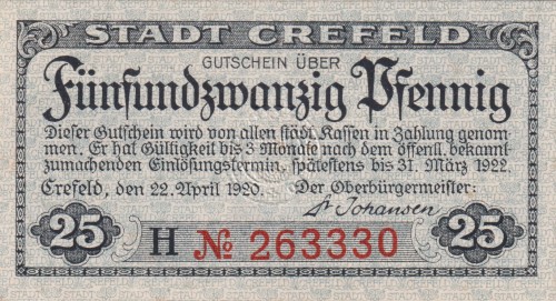 Crefeld 25 Pf G-C29.6a 22.4.1920-31.3.1922 aUNC A.jpg