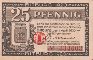Bitburg 25 Pf G-B57.6 1.4.1920 AU/UNC