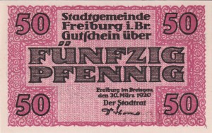 Freiburg 50 Pf G-F21.4a 30.3.1920 aUNC