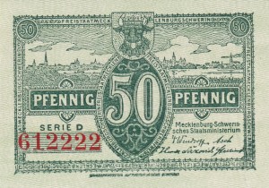 Mecklenburg-Schwerin 50 Pf G-M21.2b 1.5.1922 AU/UNC