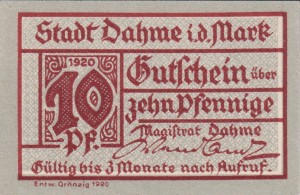 Dahme 10 Pf  G-D1.1a 1920 UNC