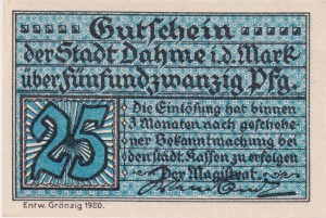 Dahme 25 Pf  G-D1.1b 1920 aUNC
