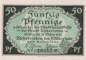 Aschersleben 50 Pf G-A29.7 5.3.1920-31.3.1921 aUNC
