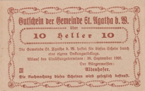 Austria St. Agatha 10 Heller 30.9.1920 aUNC