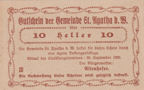 St. Agatha 10 Heller 30.9.1920 aUNC A.jpg