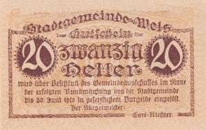 Austria Wels 20 Heller 30.6.1920 aUNC