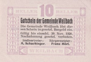 Austria Weilbach 10 Heller 2.5.1920-30.11.1920 aUNC