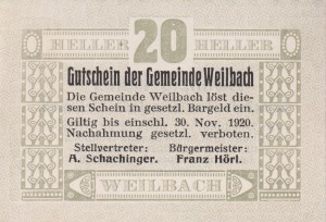 Austria Weilbach 20 Heller 2.5.1920-30.11.1920 UNC