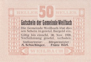 Austria Weilbach 50 Heller 2.5.1920-30.11.1920 aUNC