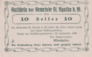 Austria St. Agatha 10 Heller 30.9.1920 AU/UNC