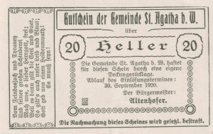 Austria St. Agatha 20 Heller 30.9.1920 AU/UNC