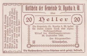 Austria St. Agatha 20 Heller 30.9.1920 AU/UNC