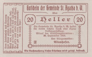 Austria St. Agatha 20 Heller 30.9.1920 AU/UNC