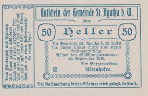Austria St. Agatha 50 Heller 30.9.1920 aUNC