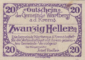 Austria Wartberg a.d. Krems 20 Heller 31.12.1921 aUNC