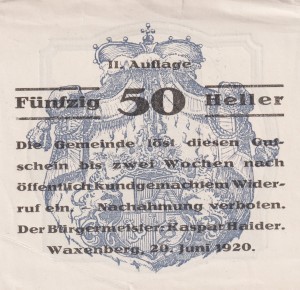Austria Waxenberg 50 Heller 20.6.1920 VF