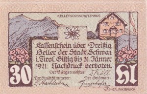 Austria Schwaz i. Tirol 30 Heller 31.1.1921 aUNC