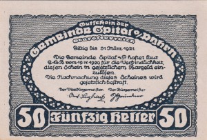 Austria Spital am Pyhrn 50 Heller 31.3.1921 aUNC
