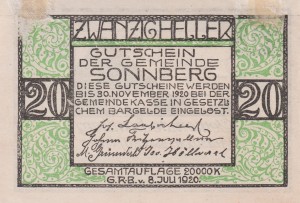 Austria Sonnberg 20 Heller 8.7.1920-30.11.1920 VF