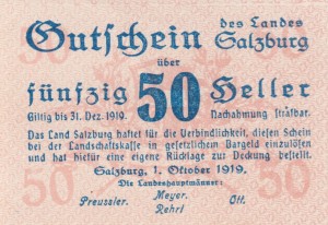 Austria Salzburg 50 Heller 1.10.1919-31.12.1919 AU/UNC