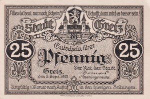 Greiz 25 Pf G-471.1 5.9.1921 AU/UNC 