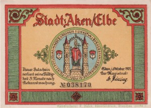 Aken 50 Pf G-8 10.1921 AU/UNC 1. Cothener Tor