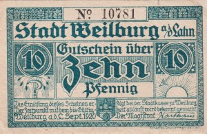 Weilburg 10 Pf G-W19.5a 9.1920 VF