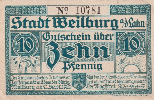 Weilburg 10 Pf G-W19.5 9.1920 VF A.jpg