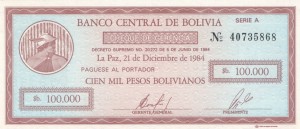 Boliwia 100 000 Pesos P-197 1987 UNC