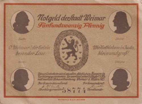 Weimar 25 Pf G-1398 1.3.1921 VF 1.Schillerhaus A.jpg
