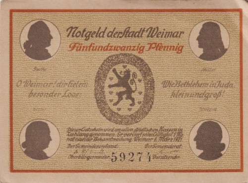 Weimar 25 Pf G-1398 1.3.1921 XF 6.Goethes Gartenhaus A.jpg