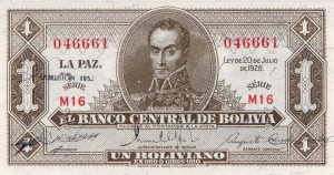 Boliwia 1 Boliviano P-128 1952 AUNC