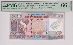 Gwinea 5000 franków 2010 - P-44b - PAMIĄTKOWY - PMG 66 EPQ