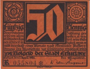 Erfurt 50 Pf G-344.3 7.4.1921 UNC U orange
