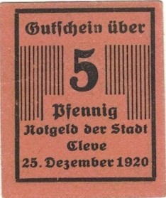 Cleve 5 Pf  25.12.1920 G-C17.1 Stan XF