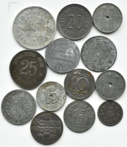 Niemcy, lot 13 sztuk notgeldów metalowych