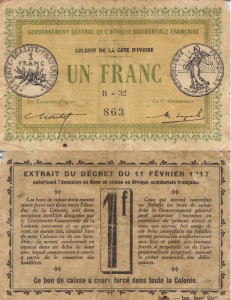 Wybrzeże Kości Słoniowej 1 Frank 1917 P-2 stan VI