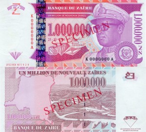 Zair 1 000 000 Nouveau Zaire P-79s Specimen 1996  Stan I Unc