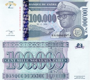 Zair 100 000 Nouveau Zaire P-77A 1996  Stan I Unc