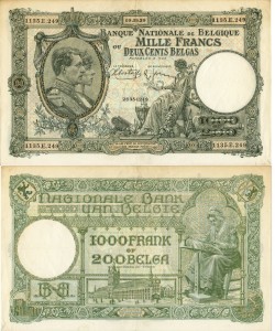 Belgia 1000 Franków P-104 1939 Stan 3