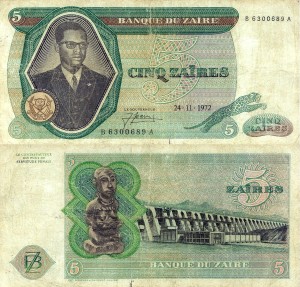 Zair 5 Zaires P20  1972  Stan VI