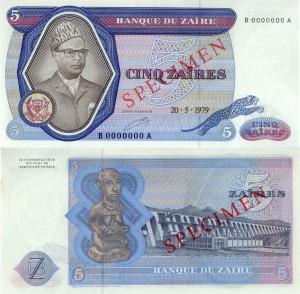 Zair 5 Zaires P-22s  1979 Specimen  Stan I Unc